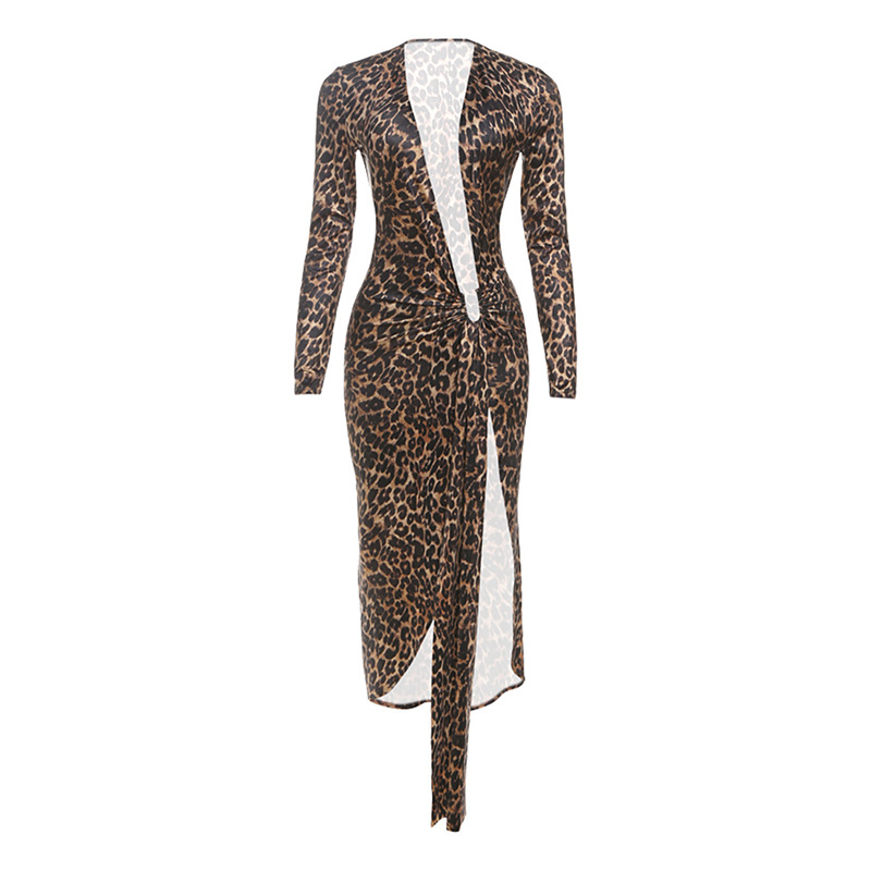 Sexy Leopard Print Deep V Split Pleated Waist Tight Long Sleeve Dress Leopard Print Multi - Shop at LoveMi