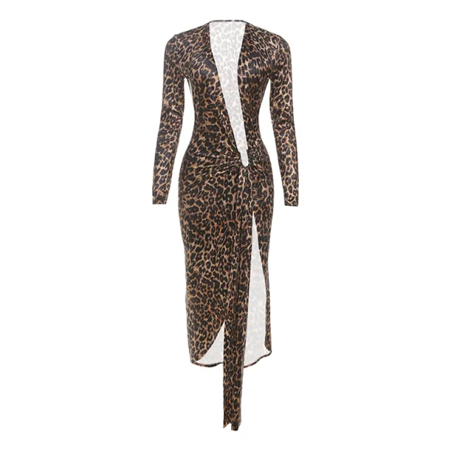 Sexy Leopard Print Deep V Split Pleated Waist Tight Long Sleeve Dress Leopard Print - Shop at LoveMi