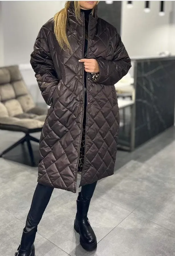 Winter Rhombus Stitching Coat Warm Solid Color Pocket Lapel Long Jacket Women's Clothing Brown - Shop at LoveMi