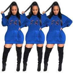 Casual Solid Color Embroidered Letter Bat Sleeve Hooded Dress - Blue - View 1