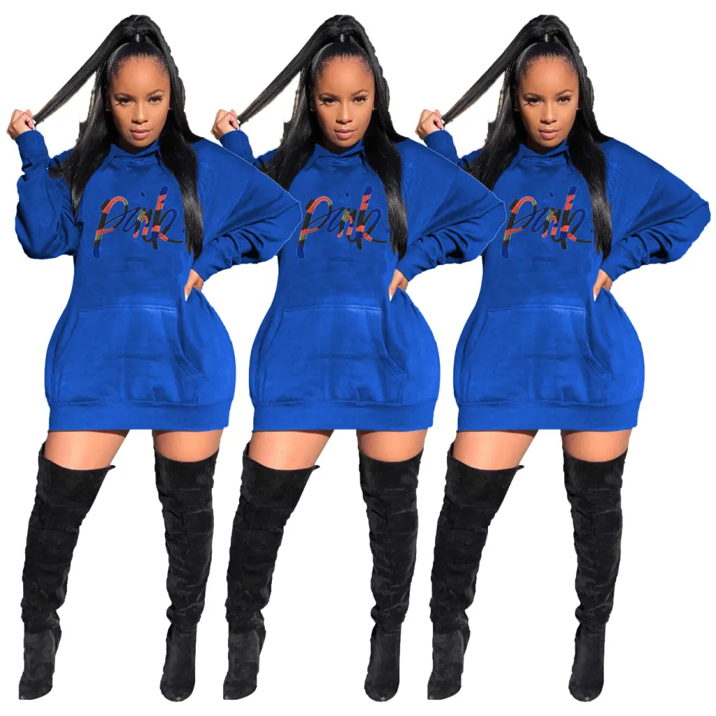 Casual Solid Colour Embroidered Letter Bat Sleeve Hooded Dress - Blue