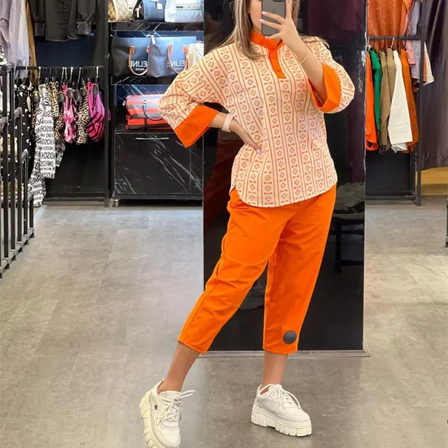 Fashion Cotton And Linen Printed Top Casual High Waist Cropped Pants Women's Suit Orange Suit - Shop at LoveMi