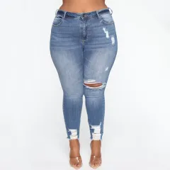 Women Clothes Ripped Plus Size Ladies Denim Pants Jeans - Dark Blue 5008 - View 1