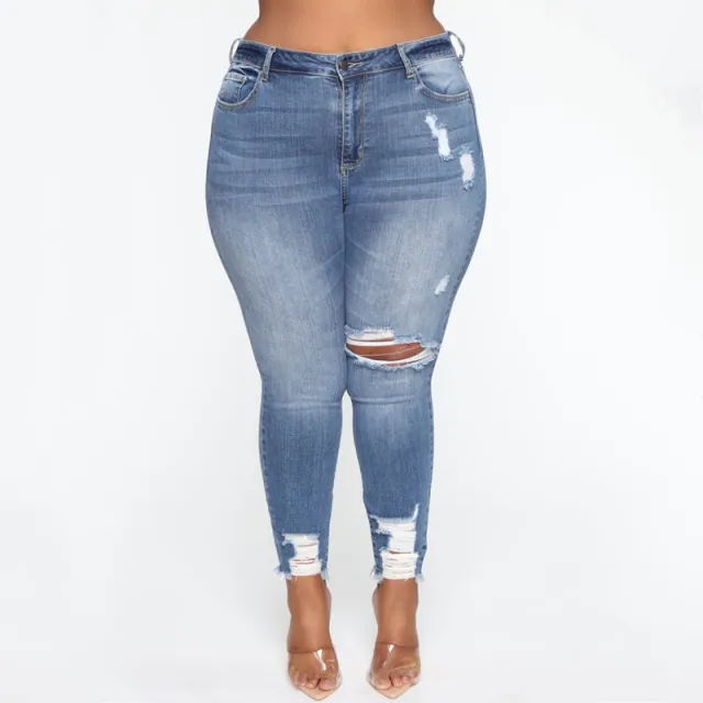 Women Clothes Ripped Plus Size Ladies Denim Pants Jeans Dark Blue 5008 - Shop at LoveMi