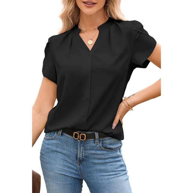 Solid Color Pullover V neck Chiffon Shirt For Women Lc25125099P2 - Shop at LoveMi