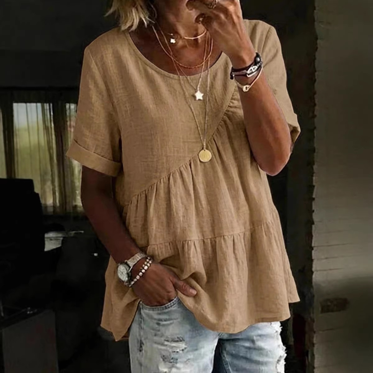 Women's Casual Comfortable Crew Neck Solid Color Loose Short-Sleeve