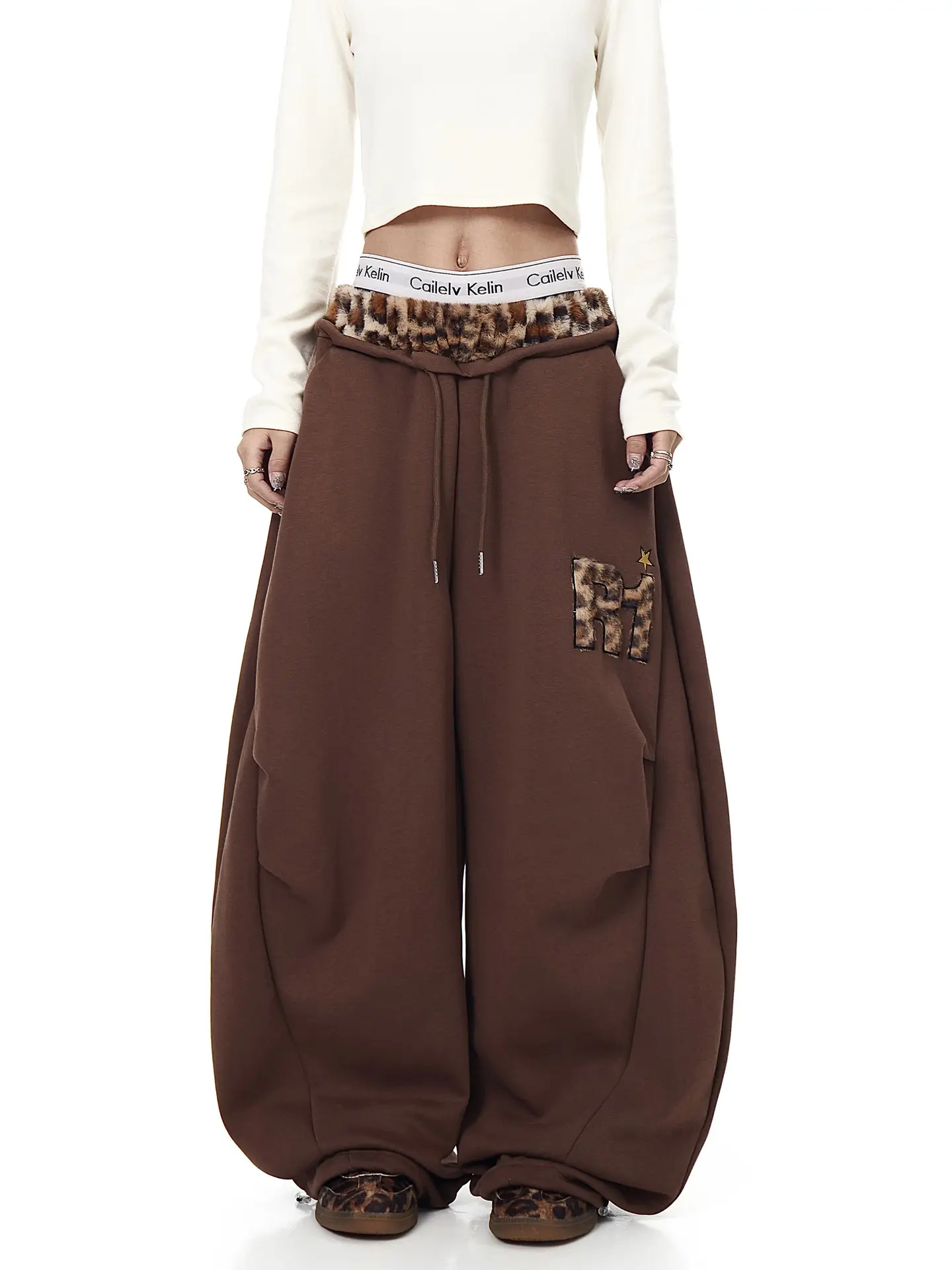 Womens Retro Embroidered Wide-Leg Sweatpants
