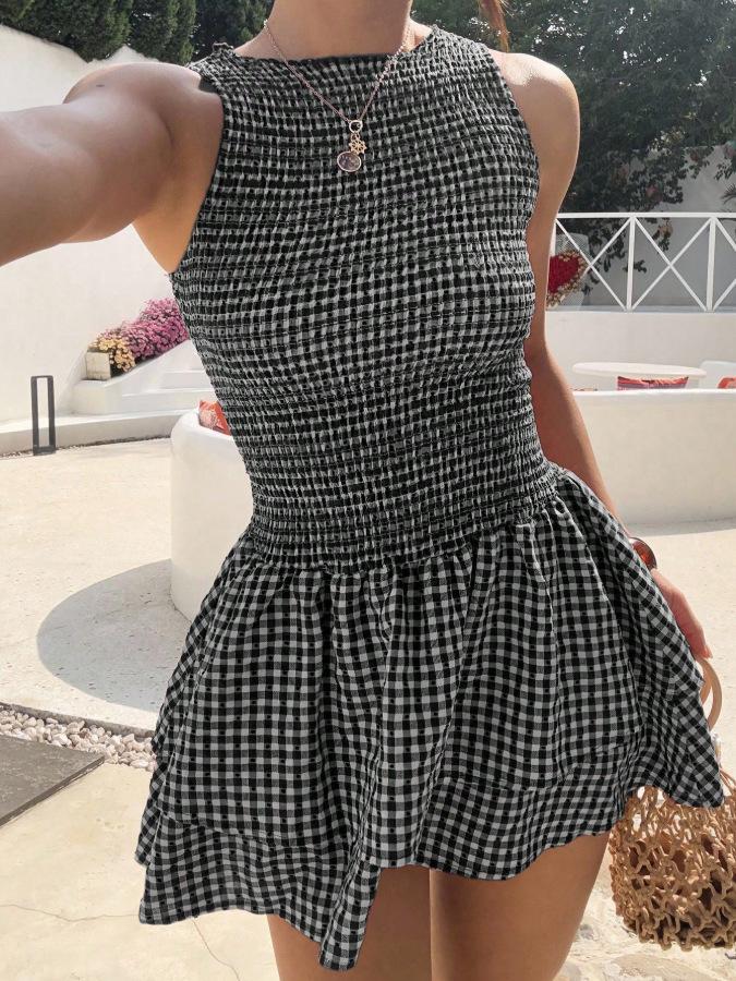 Womens Stylish, Versatile Sleeveless Plaid Dress Black - Shop at LoveMi