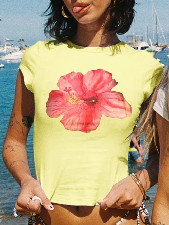 Slim Fit Short Top Flower Printed Hat Sleeve Round Neck Midriff baring Short Shipment Yellow 04 - Shop at LoveMi
