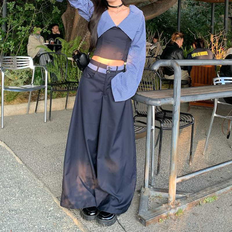 Striped Halterneck Chic Long-sleeve Shirt Paired With Draping Patchwork Wide-leg Pants