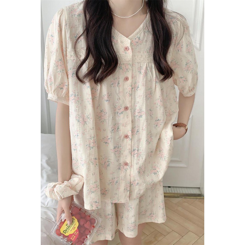 Summer Women's Gentle Floral Pajamas Suit With Hair Band