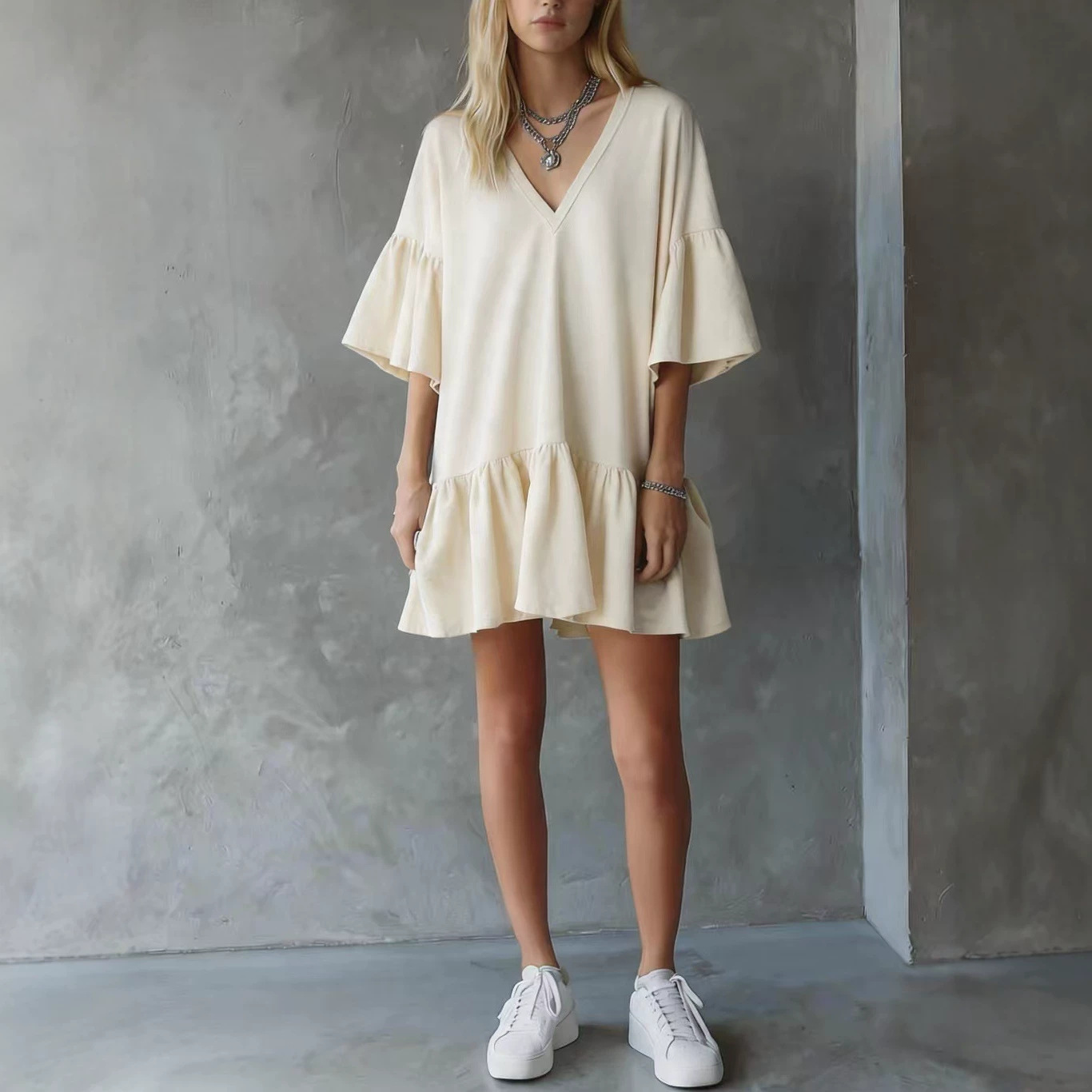 Womens Ruffled V-Neck Solid Color Loose Short Dress