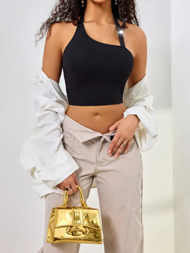 Solid Color Low Cut Sleeveless Midriff baring One Shoulder Halterneck Vest Black - Shop at LoveMi