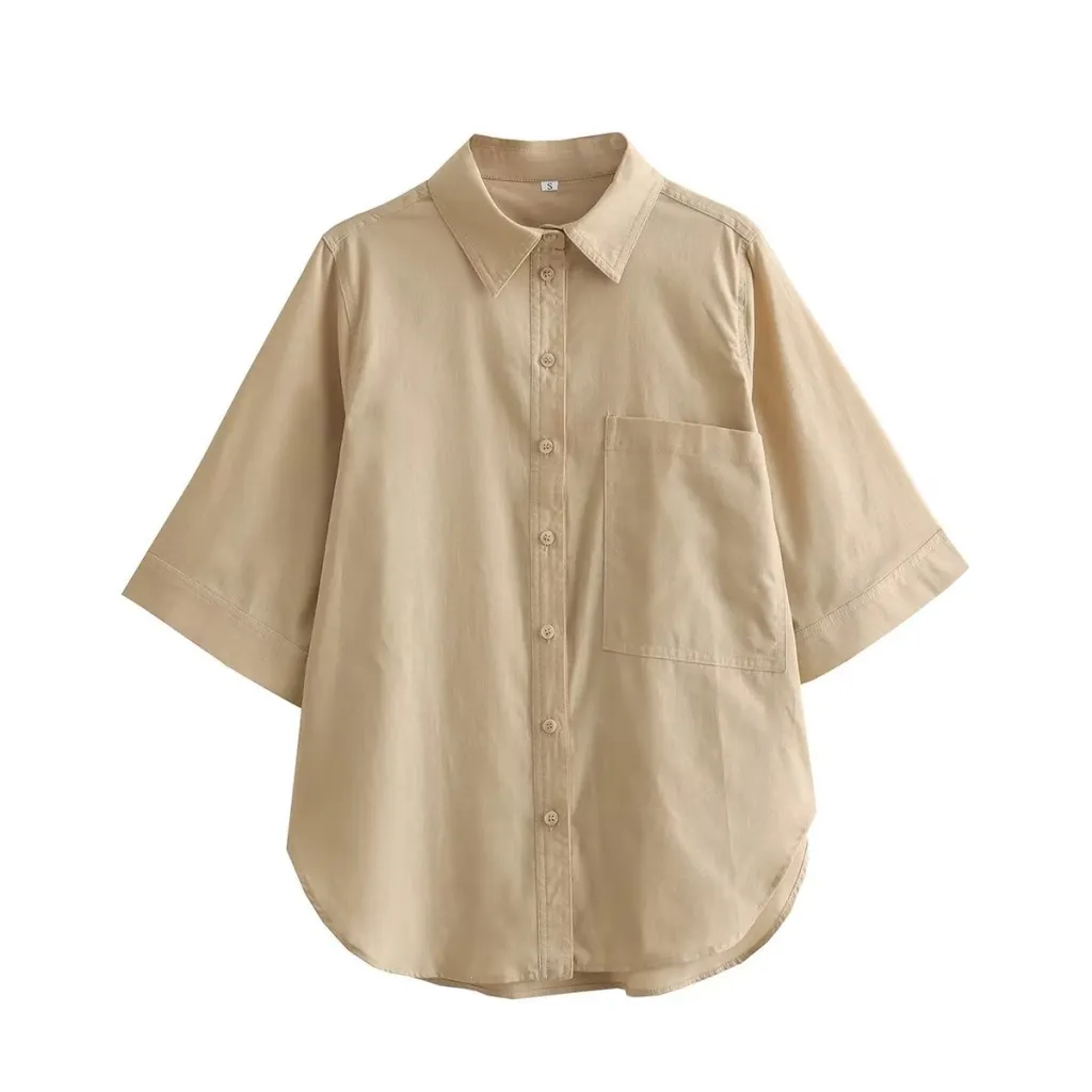 Single-breasted Pocket Shirt Loose Leisure Suit - Khaki Shirt