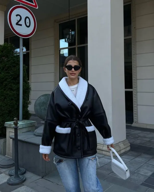 Leather And Fur Korean Style Long Sleeve Splicing Coat Women Black - Shop at LoveMi