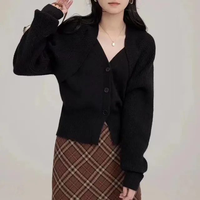 Gentle V neck Single Breasted Sweater Tight Waist Slimming Casual Knitted Cardigan Top Black - Shop at LoveMi