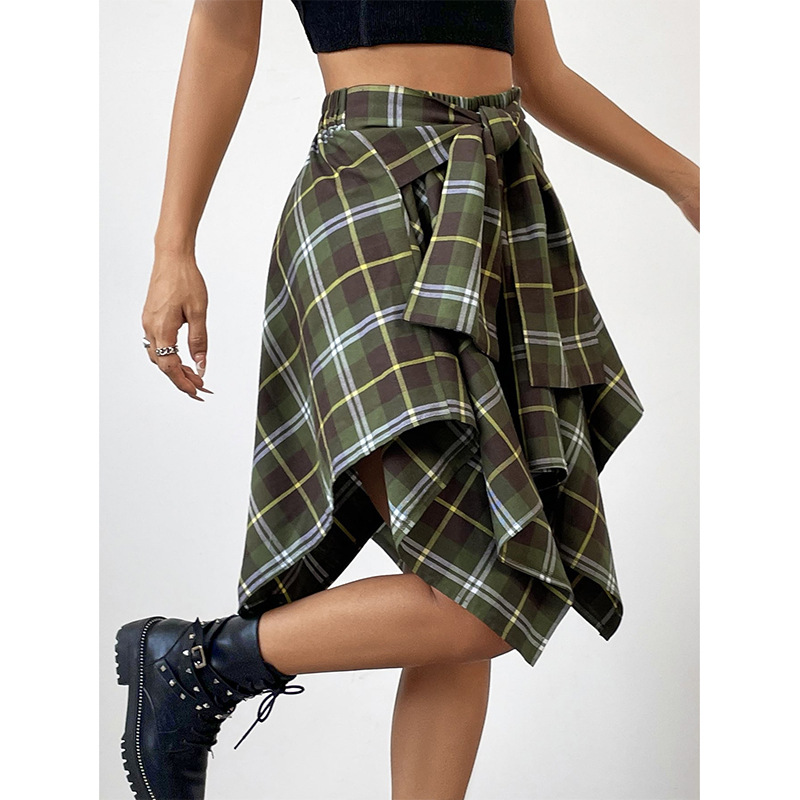 Title 4, Womens High Waist Irregular Plaid Skirt, Europ...