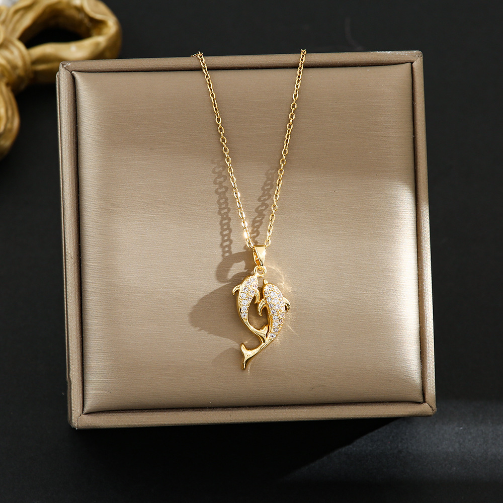 Micro-inlaid Dolphin Love Pendant Titanium Steel Necklace For Women