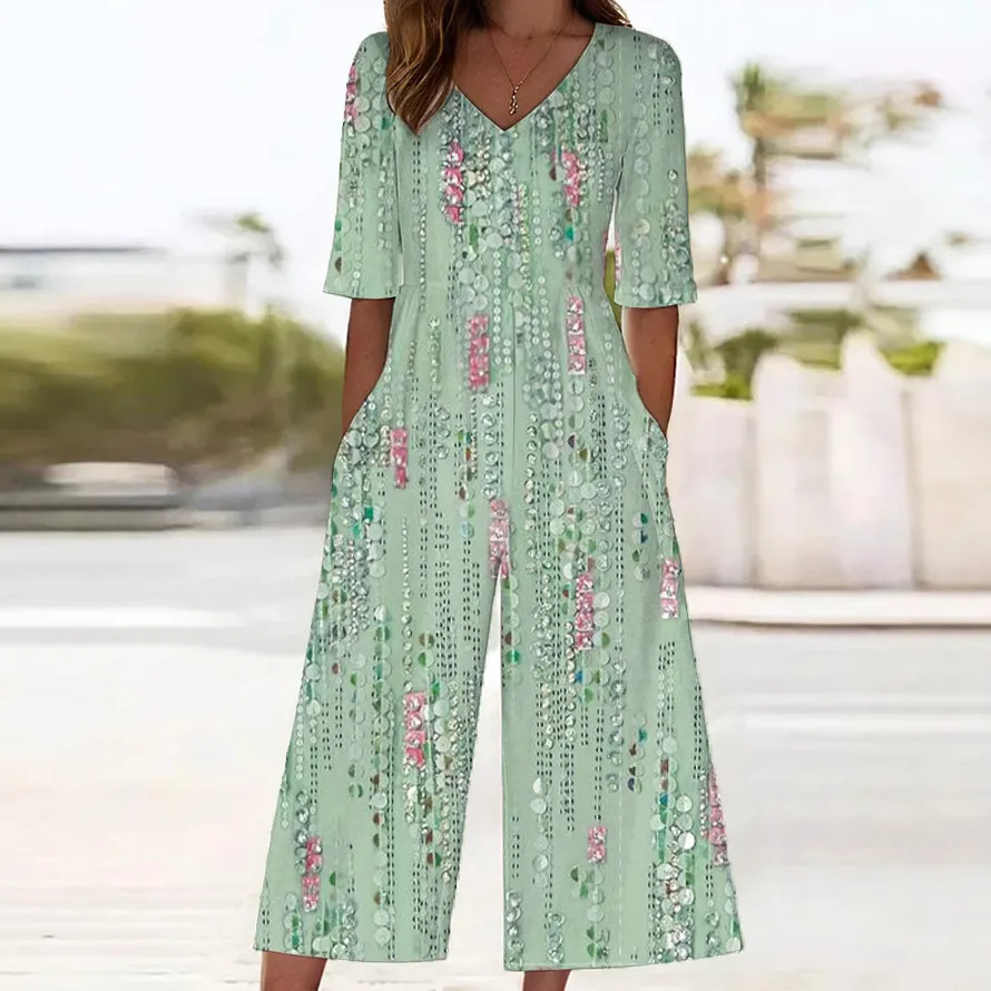 Women's Printed European And American Plus Size Temperament Jumpsuit - Green
