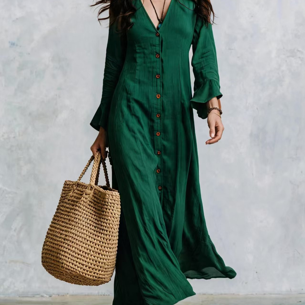 Cotton And Linen Long-sleeved Button-front Dress