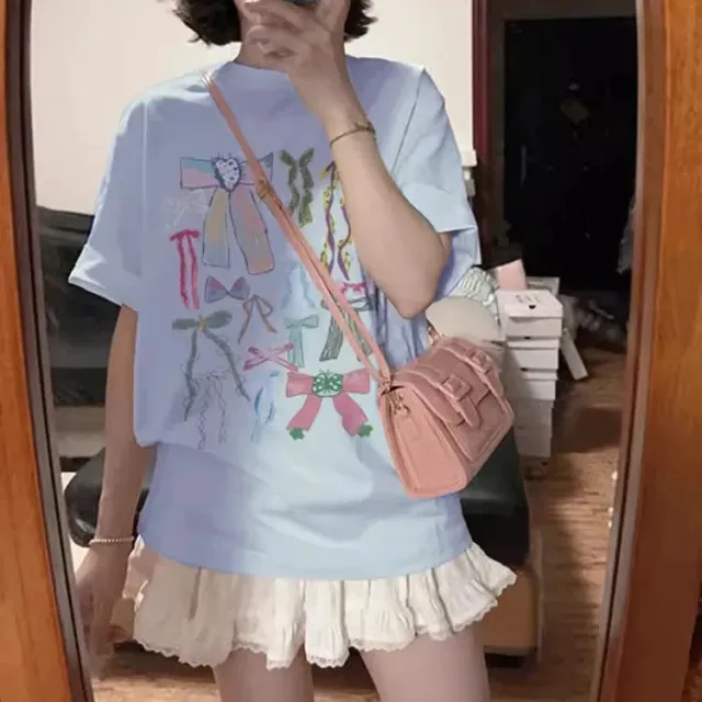 Cotton Short sleeved T shirt Idle Style Bow Print Sky Blue - Shop at LoveMi
