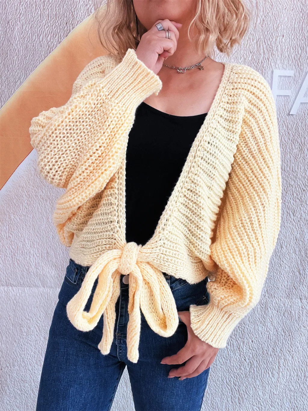 Commuter Deep V Lace-up Long Sleeve Knitwear Cardigan Coat Sweater - Yellow