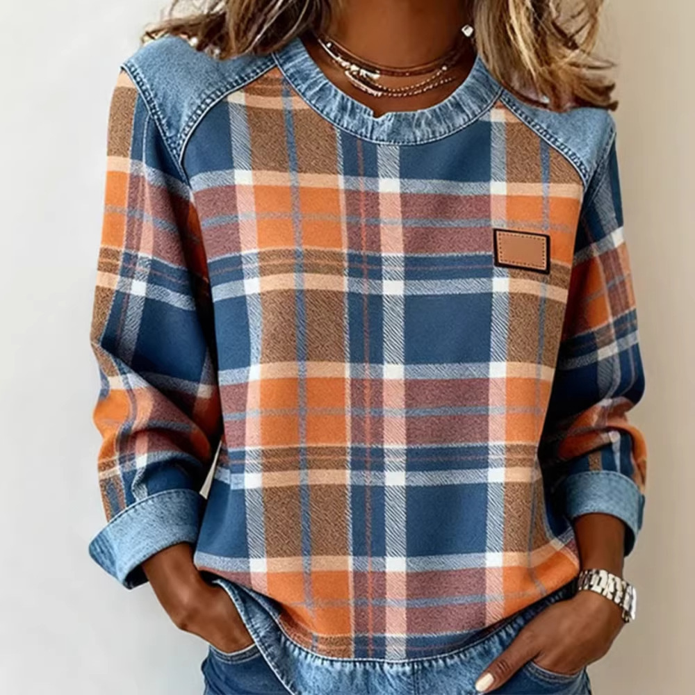 New Plaid Patchwork Loose-fitting Womens Crew-neck Blouse