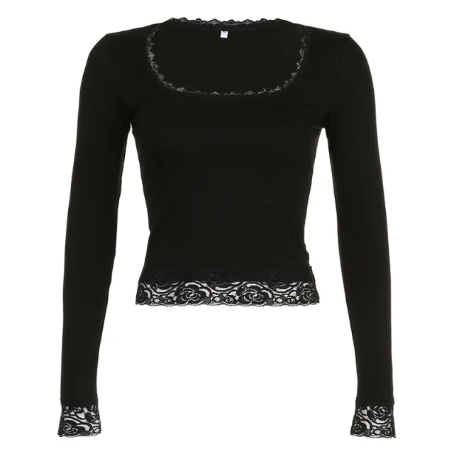 Lace U neck Long sleeved T shirt Black - Shop at LoveMi
