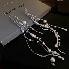 Geometric Crystal Pearl Ball Beads Chain Long Hair Accessories - Hair Band Silver - View 1