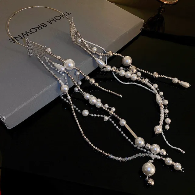Geometric Crystal Pearl Ball Beads Chain Long Hair Accessories Hair Band Silver - Shop at LoveMi