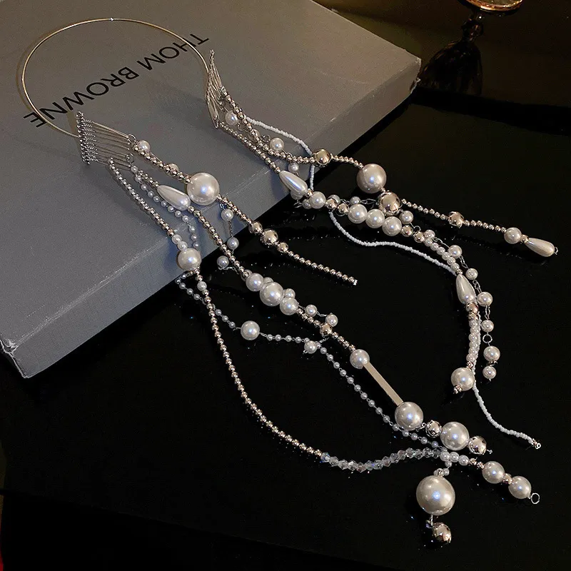 Geometric Crystal Pearl Ball Beads Chain Long Hair Accessories - Hair Band Silver