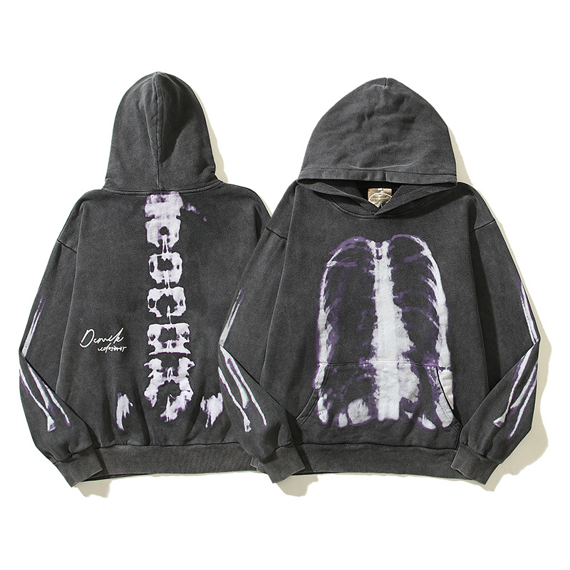 $26.89 Washed-out Vintage Distressed Skull Bone Hooded Sweater