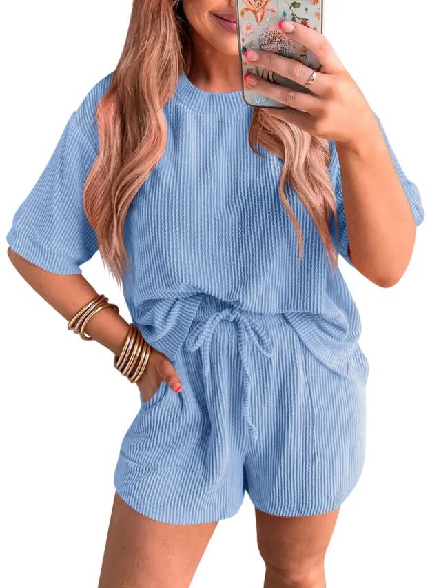 Short sleeved Wavy Round Neck Top Elastic Waist Shorts Two piece Set Blue - Shop at LoveMi