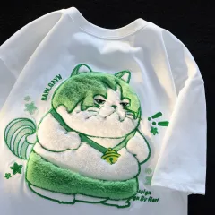 Cute Embroidered Small Fat Cat Short Sleeve T-shirt Design Sense Niche Loose Half Couple Style - White - View 1