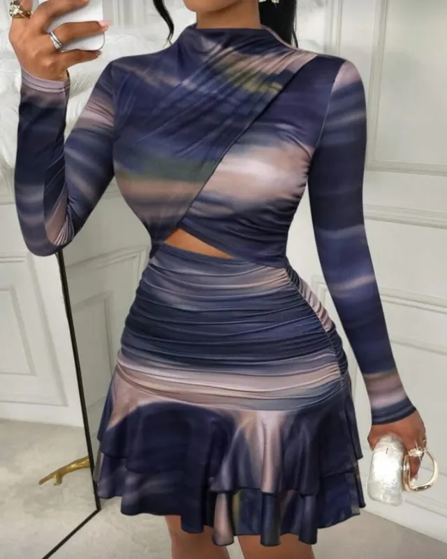 Women's Long Sleeved Ruffle Asymmetrical Pleated Slim Mini Skirt Blue - Shop at LoveMi