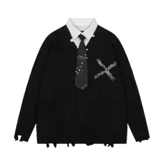 Women's Casual Irregular Design V-neck Long-sleeve Knitwear Coat - Black - View 1