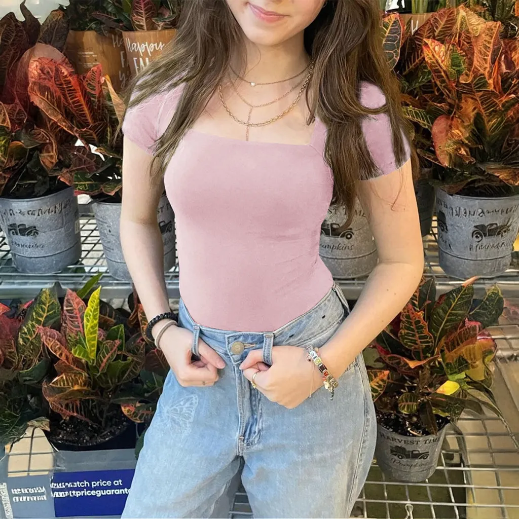 Girls' Square-neck Short-sleeve Tube Top For Women - Pink