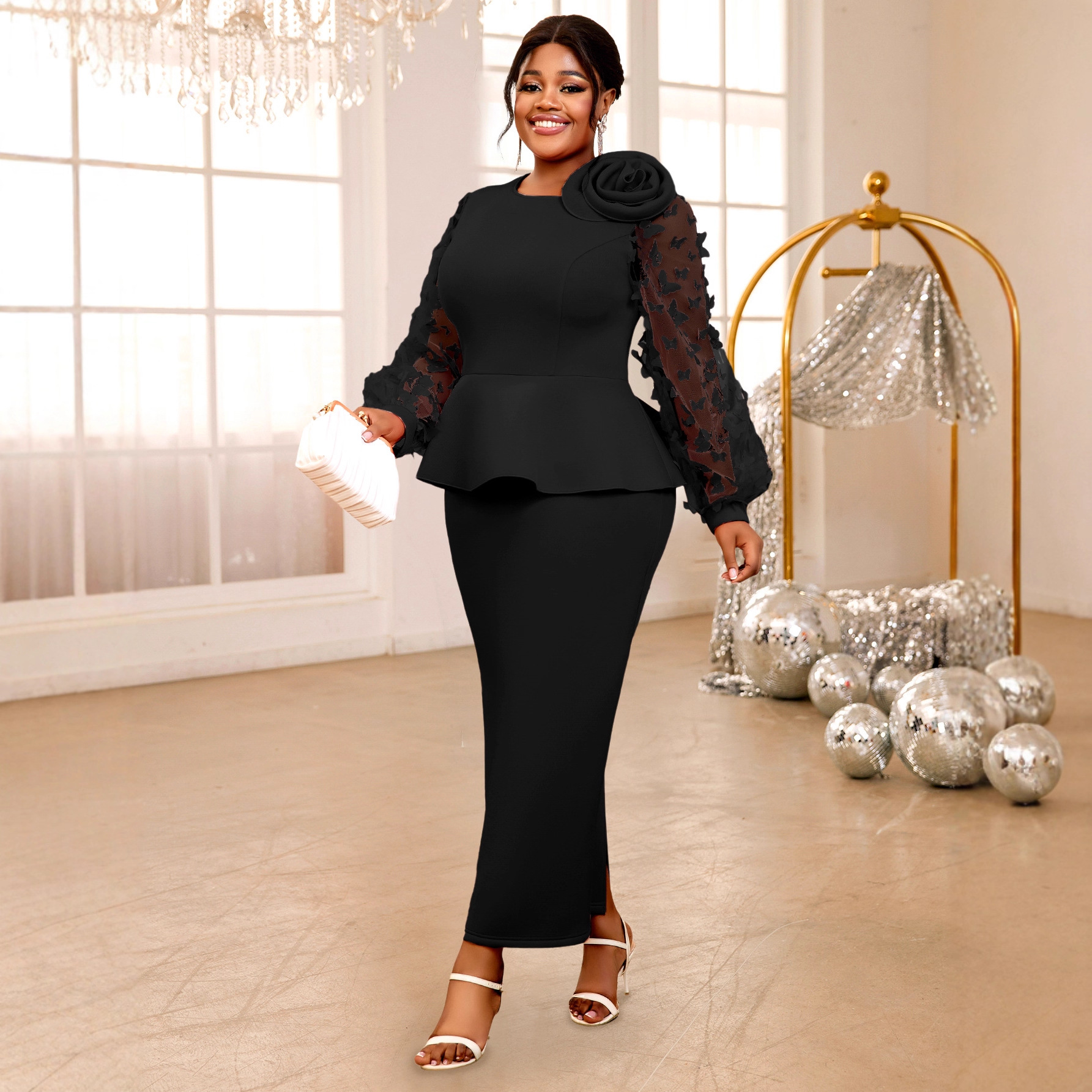 Plus-size New-style Fashionable Dress With Lantern Sleeves And Ruffled Trim