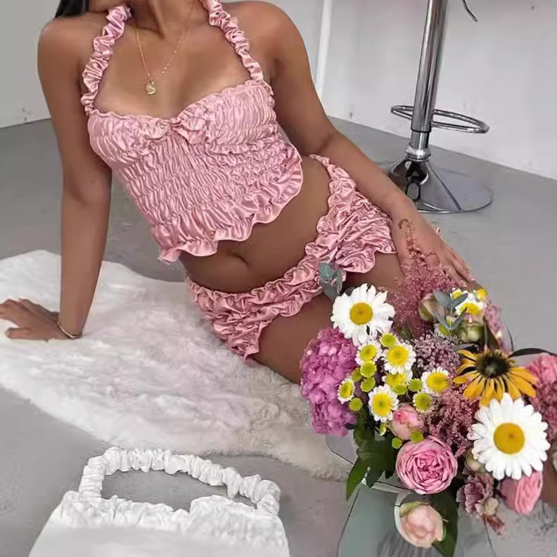 Women's Pleated Halter Spaghetti Straps Vest Sheath Skirt Outfit