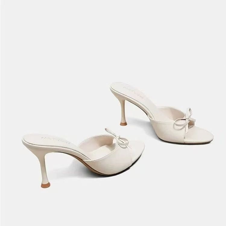Stiletto-heeled Open-toe High Heels With Bow Detail Summer French-style Sandals For Women