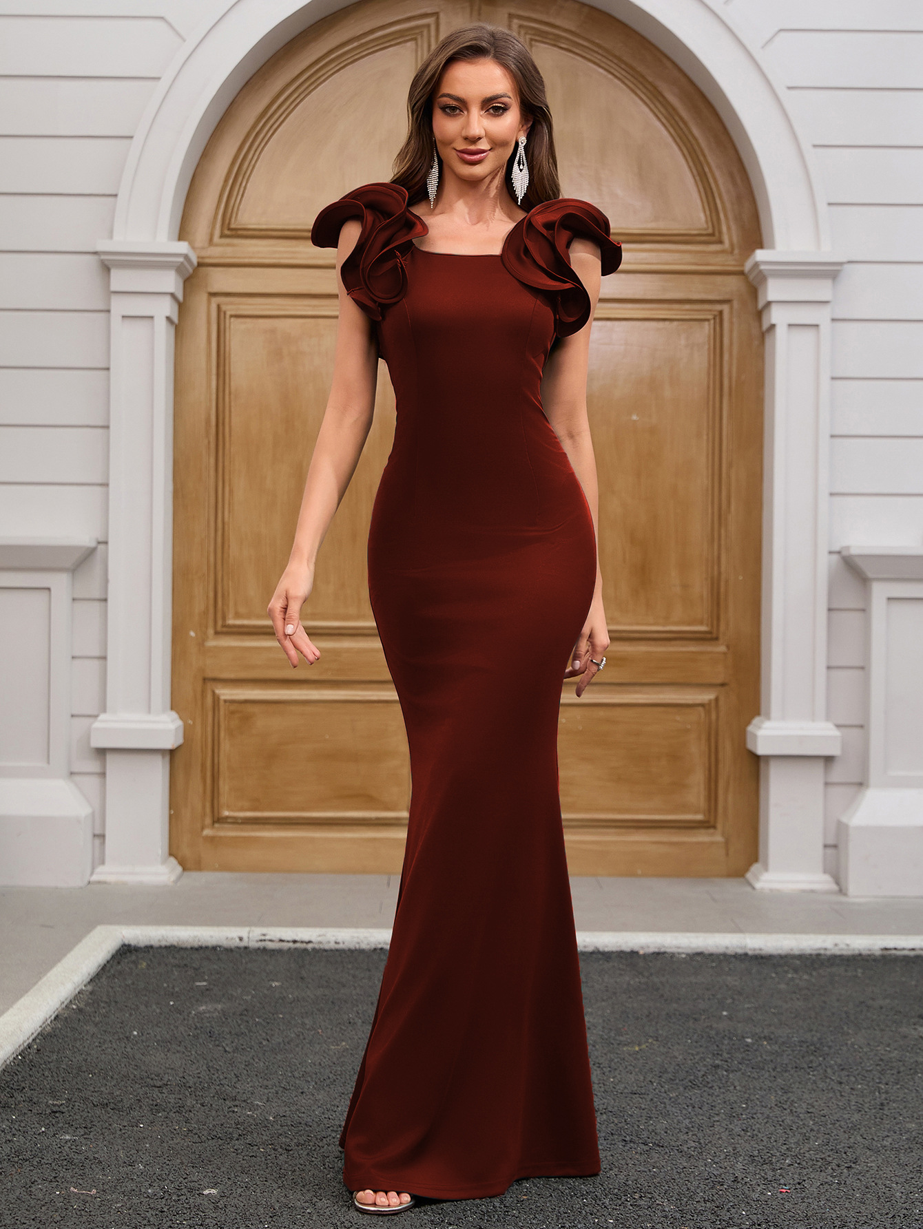 Satin Flounced Sleeve Slim Dress Banquet Evening Gown Wine Red - Shop at LoveMi