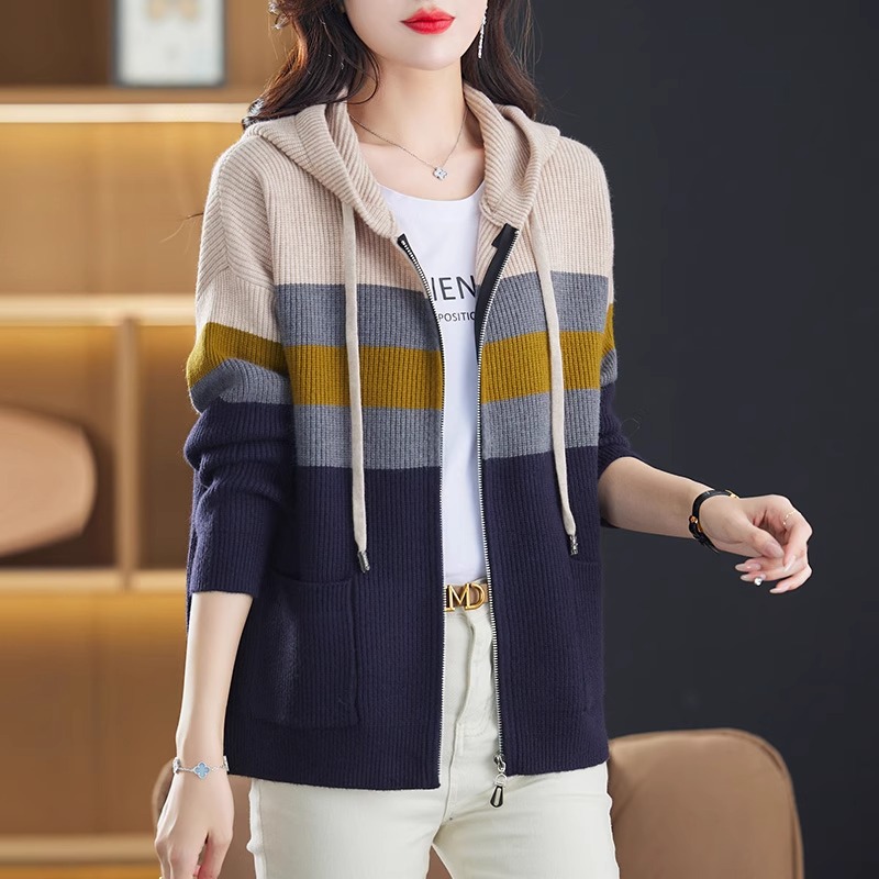 Color-block Striped Hooded Knit Cardigan With Dual Zippers
