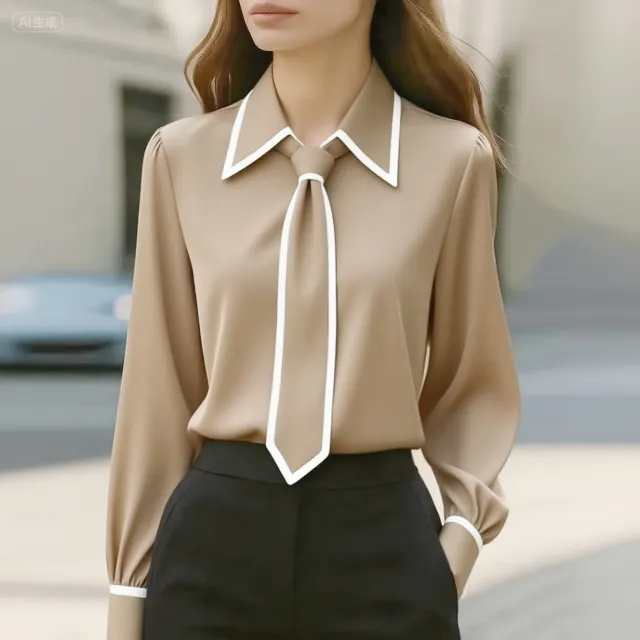 Autumn Fashion Solid Color Commute Tie Long Sleeve Shirt Women's Clothing Khaki - Shop at LoveMi