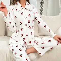 Casual Home Cherry Pattern Long Sleeve Pants Two-piece Set - 5307 White - View 1