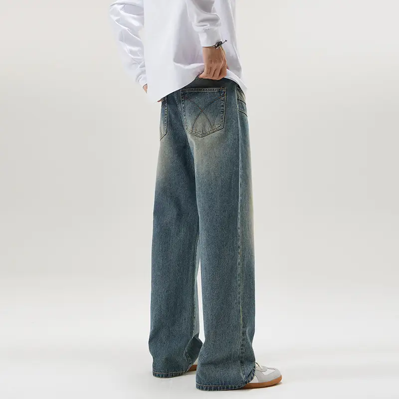 Washed Blue Pleated Jeans Men's Loose