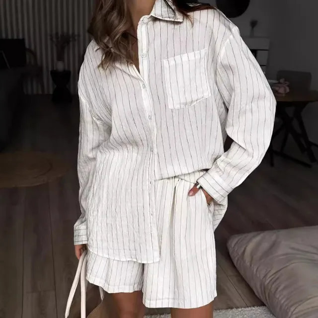 White Striped Long sleeved Shirt Two piece Comfortable Stripes - Shop at LoveMi