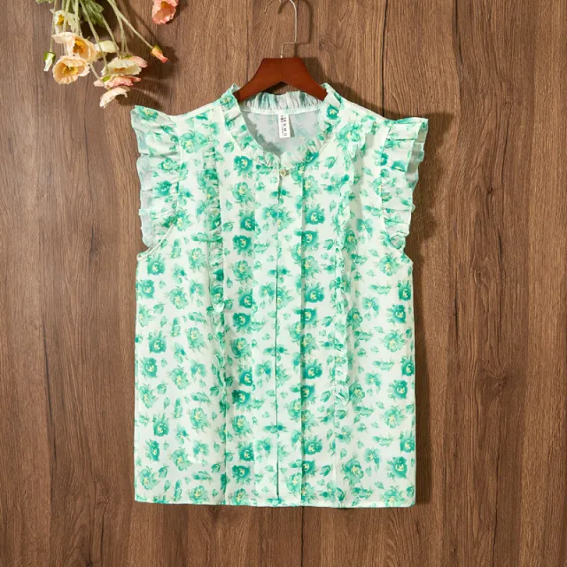 Sleeveless Ruffled Floral Women's Loose Sweet Chiffon Printed Top No 7 Color - Shop at LoveMi