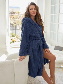 Plus Size Shu Cotton Velvet Double Layer Hooded Nightgown - Blue - View 1