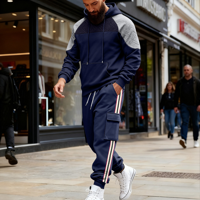 Loose Color-block Textured Hoodie And Sweatpants Casual Set - Image 7