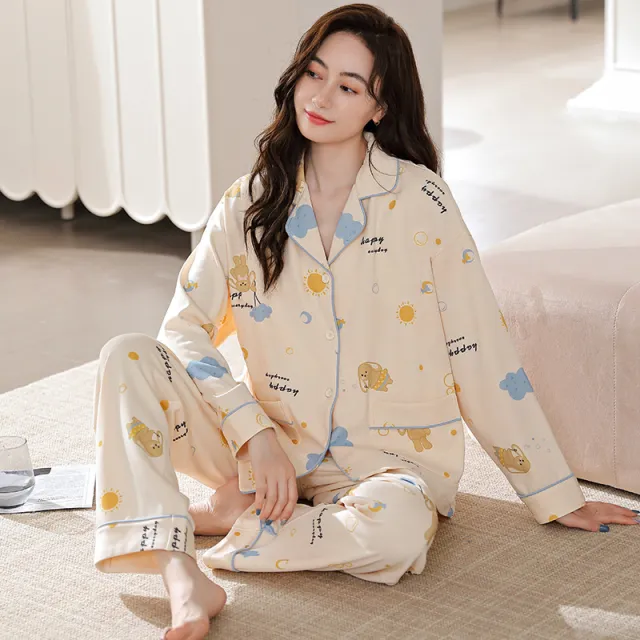 Women's Cotton Pajamas Long Sleeve Trousers Suit 3Style L - Shop at LoveMi